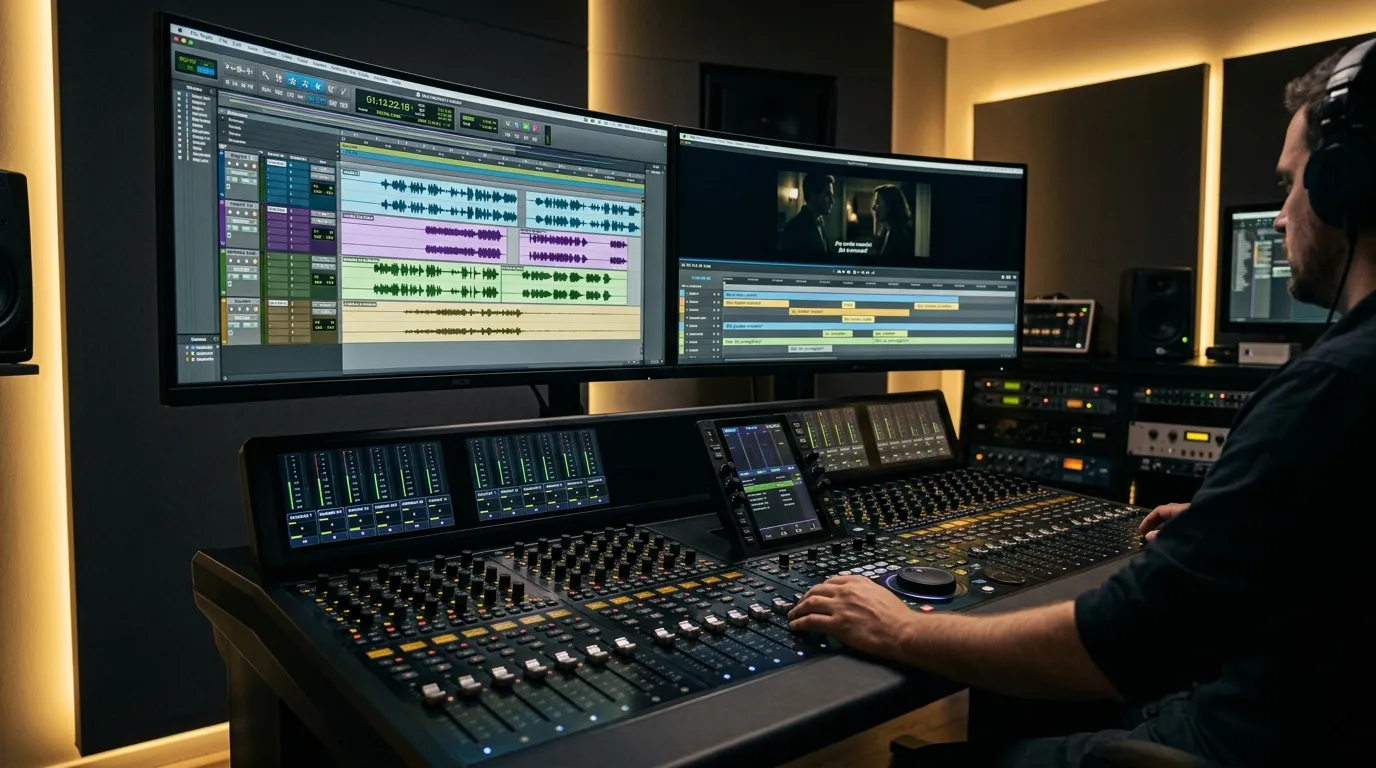 Engineer at a mixing console with dialogue tracks on screen