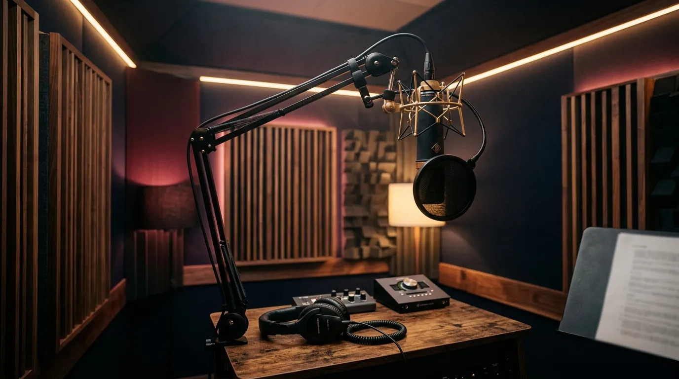 Acoustically treated voice booth with wood panels and a condenser microphone